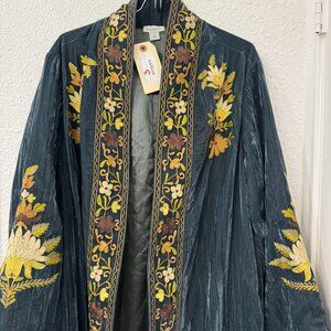 Sundance Velvet Long Coat Embroidered Kimono Robe